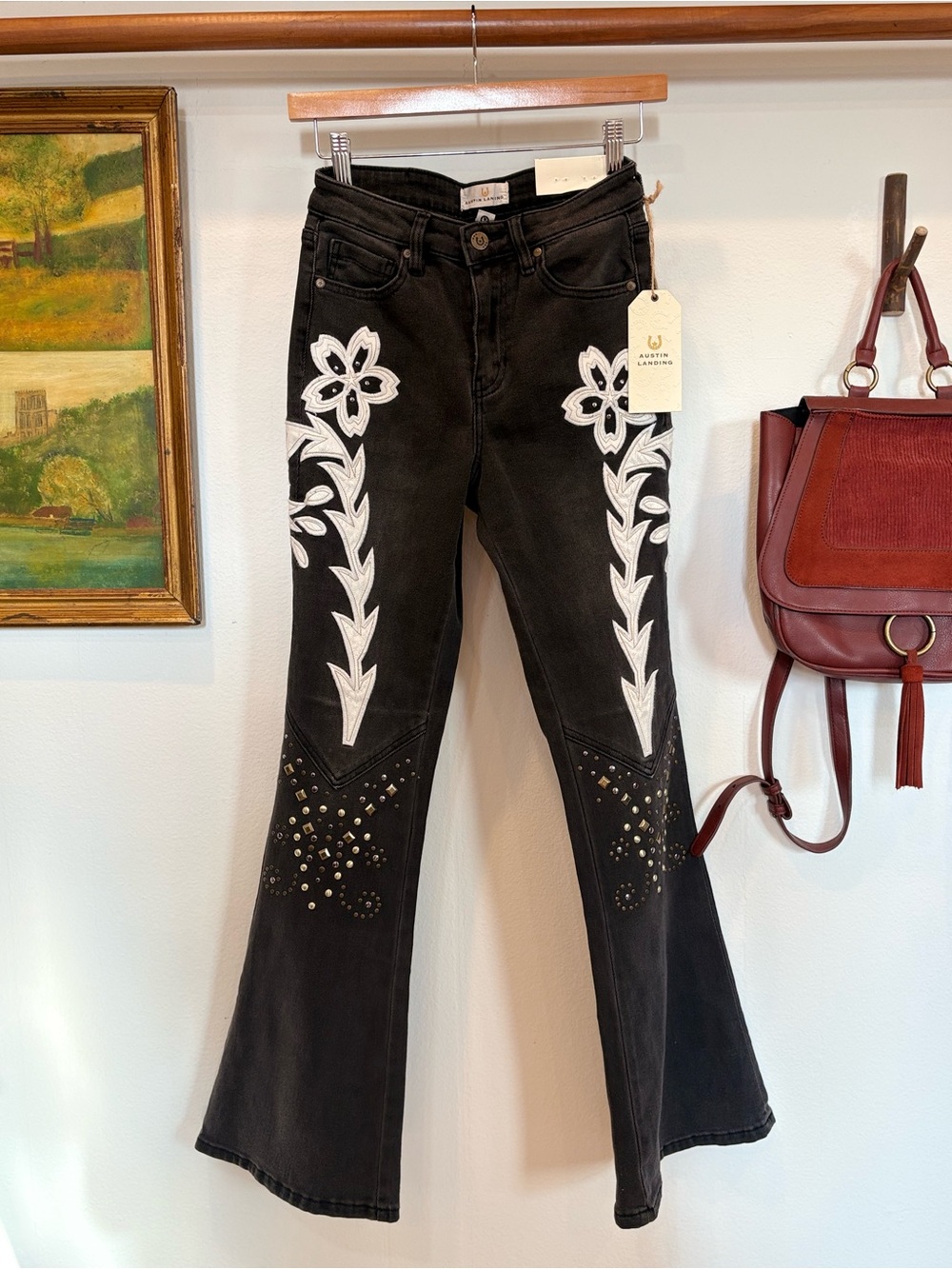 Austin Landing Black Floral Embroidered Flare Jeans Y2K Western Boho